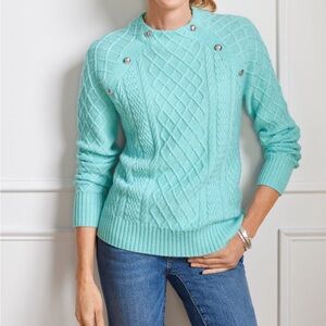 Talbots‎ Cable Knit Mock Neck Sweater aqua Marled Textured Pullover Size Medium